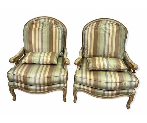 PAIR OF FRENCH STYLE SILK UPHOLSTERED ARMCHAIRS