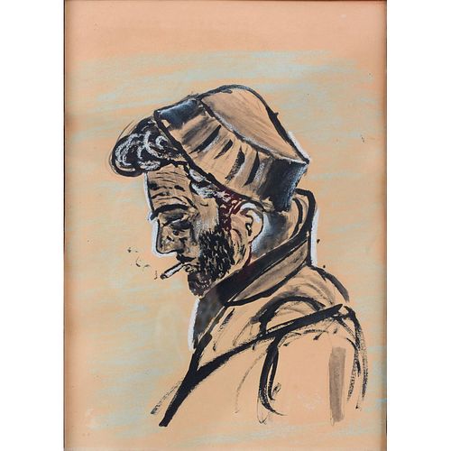 Framed Mixed Media on Paper, Portrait of a Man Smoking