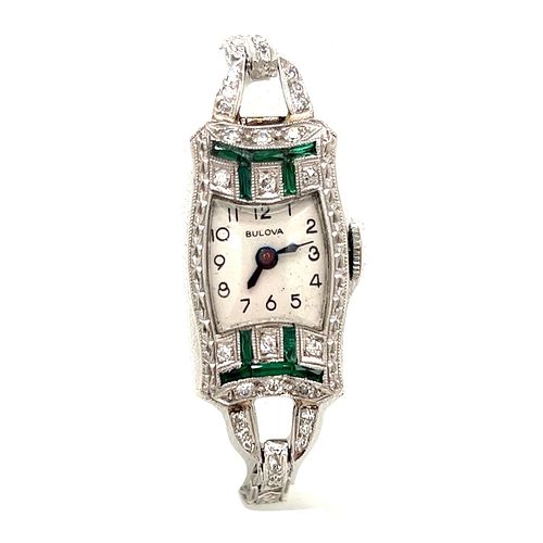 Platinum Art Deco Diamond Emerald Cocktail Watch