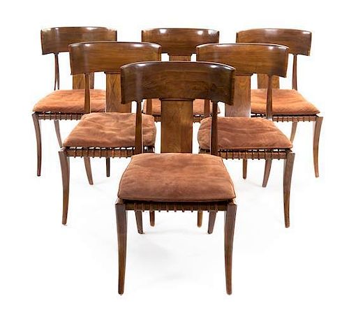 A Set of Ten Walnut Klimos Chairs, in the Style of T.H. Robsjohn-Gibbings, Height 35 3/4 inches.