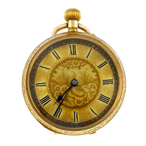 An open face pocket watch. Yellow metal case, stamped 18K with poincon. Unsigned keyless wind Swiss