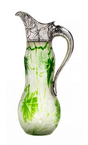 A Tiffany Studios and Tiffany & Co. Silver Mounted Cameo Glass Pitcher, Height 13 1/8 inches.
