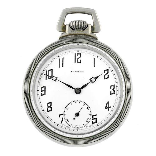 An open faced pocket watch by Franklin. Base metal case. Numbered 751541. Signed keyless wind sevent