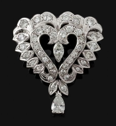 Edwardian Attr. 14K Gold Diamond Heart Drop Brooch