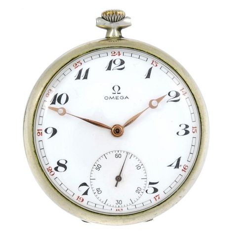 An open face pocket watch by Omega. Base metal case with engraving to case back. Signed keyless wind