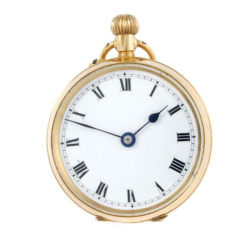 A open face fob watch. 15ct yellow gold case, import hallmark London 1912. Unsigned keyless wind Swi