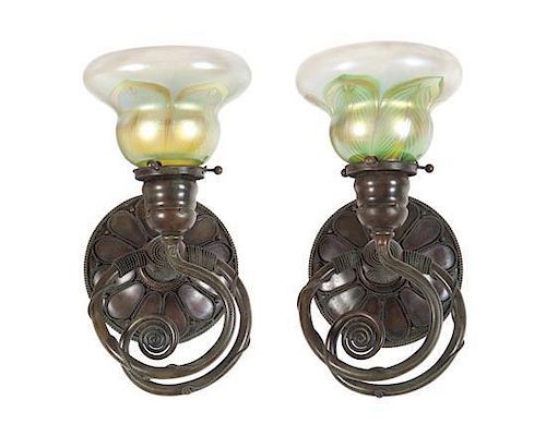A Pair of Tiffany Studios Favrile Glass and Bronze Single-Light Sconces, Height 11 x width 5 3/4 inches.