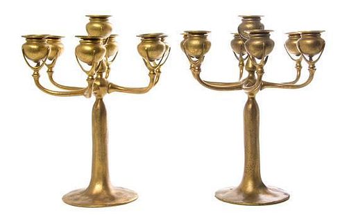 A Pair of Tiffany Studios Dore Bronze Seven-Light Candelabra, Height 13 7/8 inches.
