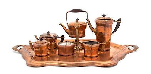 A Tiffany Studios Copper Tea and Coffee Set, Width of tray over handles 32 1/8 inches.