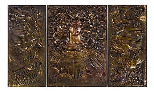 An Elihu Vedder Cast Iron Fire Back, Height of central panel 31 x width 23 1/4, side panel height 31 x width 14 1/2 inches.