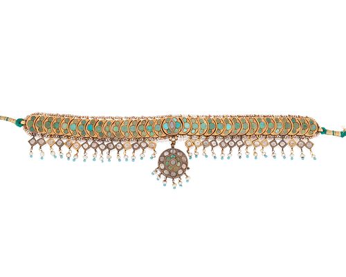 An Indian turquoise and diamond choker necklace