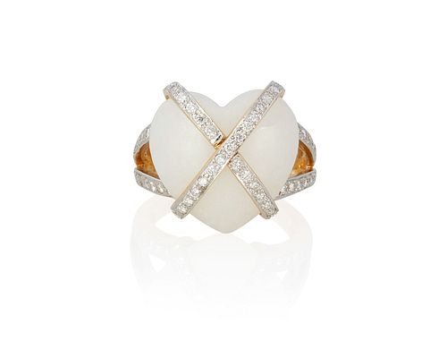 A white jade and diamond heart ring