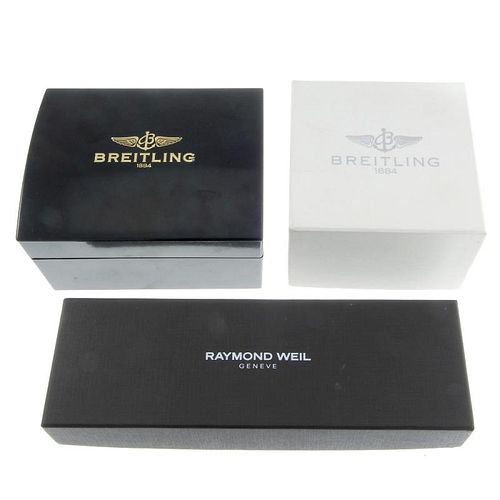 A trio of watch boxes, to include a Rado box and two Breitling boxes, some incomplete.  <br><br>