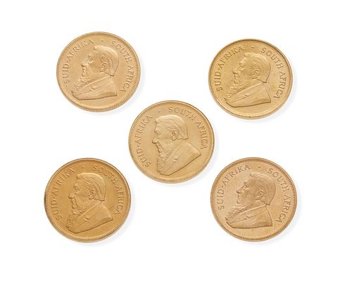 Five South African Krugerrand gold coins