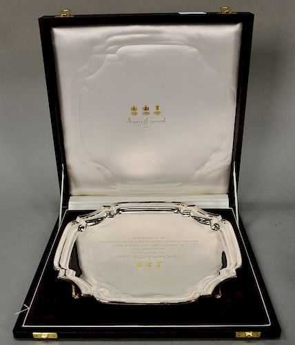 English silver footed tray marked .925, monogrammed, in original fitted box. 24.2 t oz.