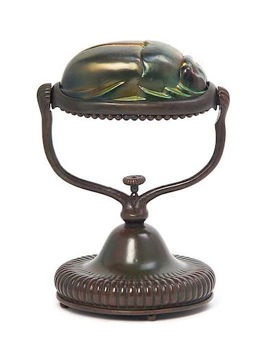 A Tiffany Studios Favrile Glass and Bronze Scarab Lamp, Height overall 8 1/4 inches.