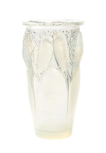 A Rene Lalique Molded and Opalescent Glass Vase, Height 9 1/2 inches.