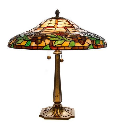 * A Duffner And Kimberly Leaded Glass Shade, Height overall 22 1/4 x diameter of shade 21 1/2 inches.