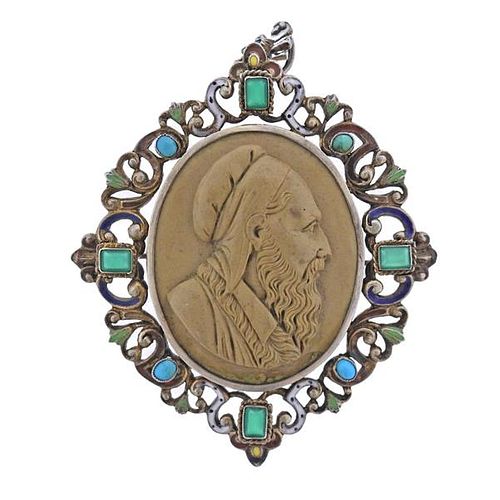 Austro Hungarian Silver Lava Cameo Emerald Enamel Brooch Pendant