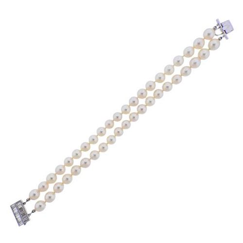 Midcentury Platinum Diamond Pearl Bracelet