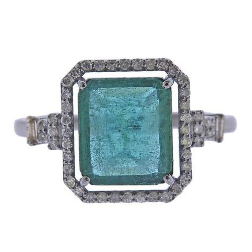 Sterling Silver Diamond Emerald Ring