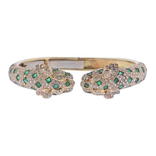 18k Gold Diamond Emerald Panther Cuff Bracelet