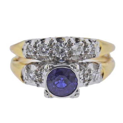 18k Gold Diamond Sapphire Bridal Ring Set