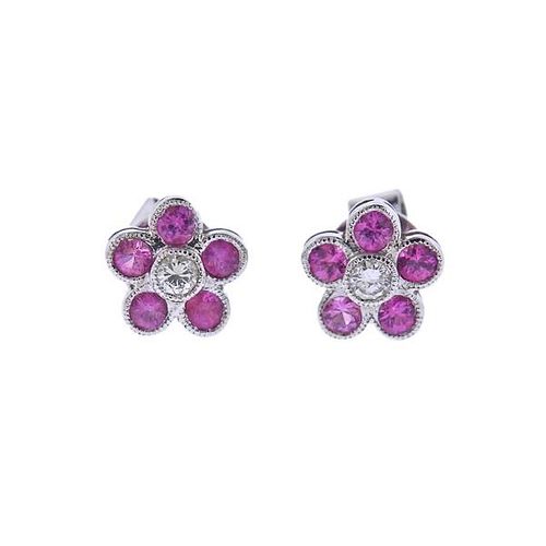 14k 18k Gold Diamond Ruby Flower Stud Earrings