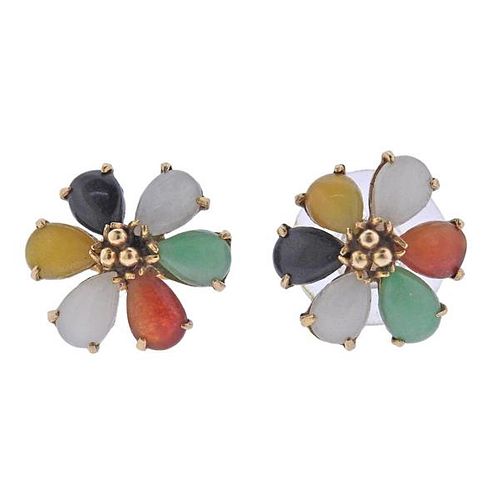 14k Gold Multicolor Jade Flower Earrings
