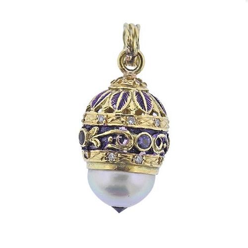 18k Gold Diamond Pearl Enamel Amethyst Charm Pendant