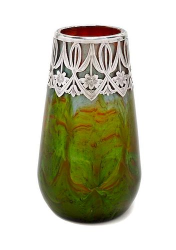 A Loetz Glass and Silver Overlay Titania Vase, Height 4 1/2 inches.