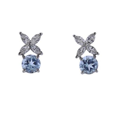 Tiffany &amp; Co Platinum Diamond Aquamarine Stud Earrings