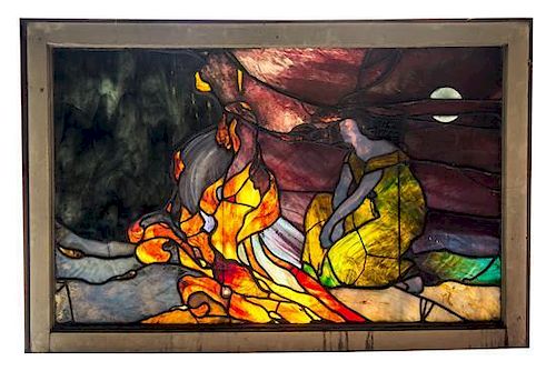 * An American Art Nouveau Leaded and Stained Glass Window, Height 46 1/2 x width 27 3/4 x depth 1 3/4 inches.