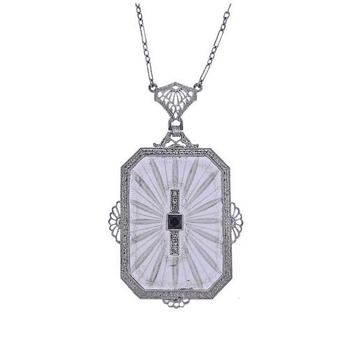 Art Deco 14k Gold Crystal Diamond Pendant Necklace