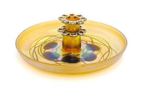 A Tiffany Studios Gold Favrile Glass Center Bowl and Flower Frog, Diameter 12 1/4 inches.