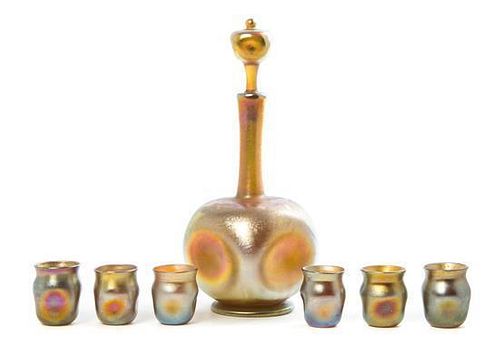 A Tiffany Studios Gold Favrile Glass Drinks Set, Height of first overall 10 inches.