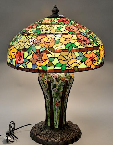 Reproduction leaded table lamp with lighted base. ht. 33 1/2 in.; dia. 23 in.