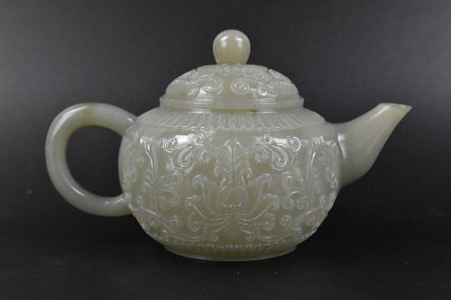 Chinese Jadeite Carved Teapot & Cover