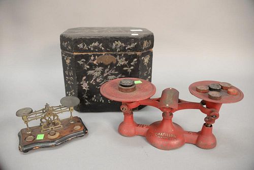 Three piece lot to include two balance scales and a lift top enameled box ht. 9 1/2 in.; wd. 11 1/2 in.