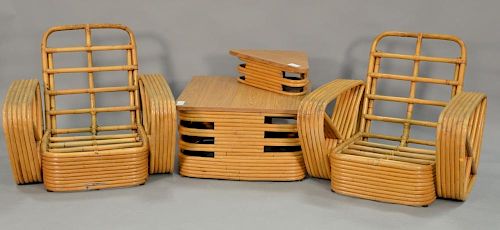 Paul Frankl bamboo grouping including two chairs and a corner table with top.