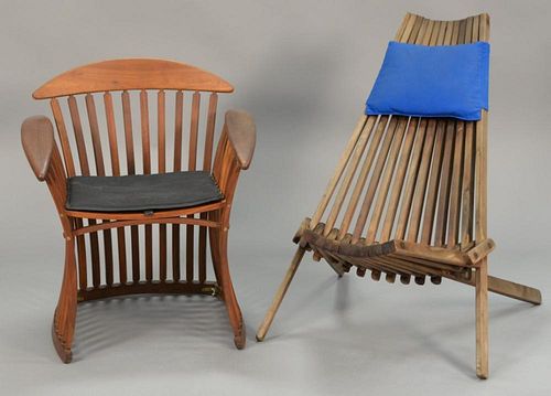 Danish slat back and side teak armchair along with a teak outdoor folding chair.