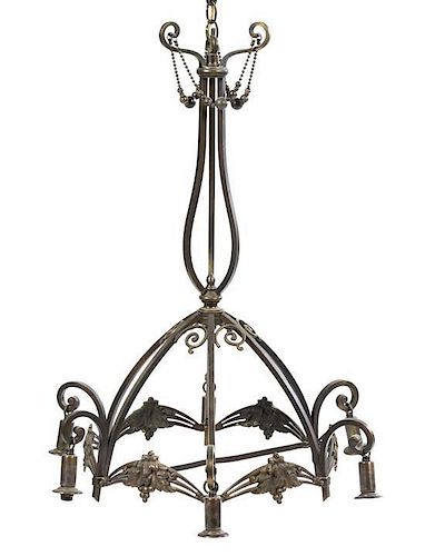 A Charles Schneider Modeled Glass and Iron Six-Light Chandelier, Height overall 34 1/2 inches.