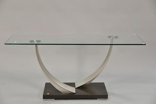Contemporary glass top hall table with satin nickle and wood base. ht. 28 in.; lg. 60 in.