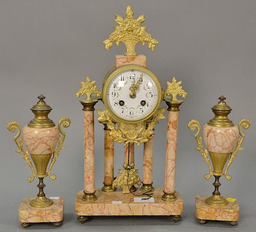 Three piece clock set, brass and marble. clock: ht. 16 in.