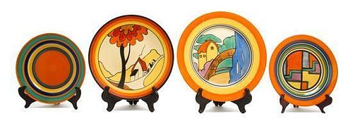 Four Clarice Cliff Bizarre Ware Pottery Plates, Diameter of largest 10 inches.