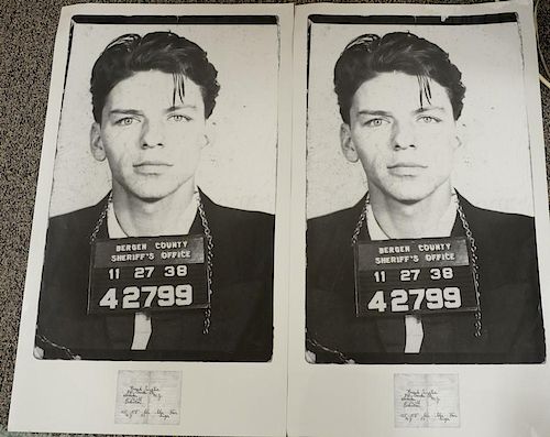 Four piece lot including two "Young Frank Sinatra - Mug Shot" with identification paper poster (total size 35" x 20") and a two flow...