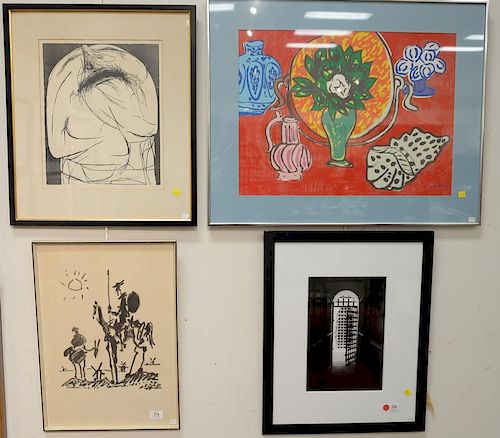 Four framed pieces to include Don Quixote lithograph after Picasso 1955, Still life with magnolia after Henri Matisse, an unsigned b...