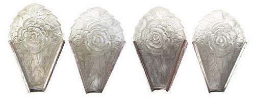 A Set of Four Art Deco Molded and Frosted Glass Sconces, Height 15 1/4 x width 10 1/2 inches.