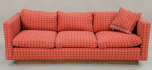 Platform base chered tuxedo sofa with Ralph Lauren upholstery. lg. 85 in.