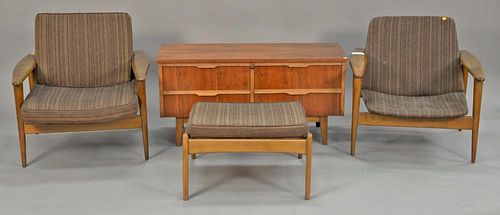 Four piece lot to include a pair of Peter Hvidt attributed stamped Denmark lounge chairs and one attomon and Lane hope chest. chest: ht. 21 in.; wd. 4